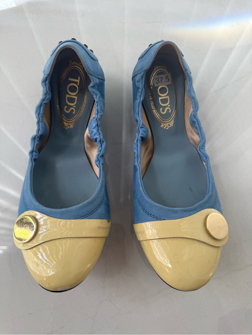 TOD'S Blue and Cream Patent-Toe Ballet Flats